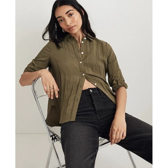 Madewell Crinkled Button-Up Shirt in Desert Olive - Picture 1 of 9